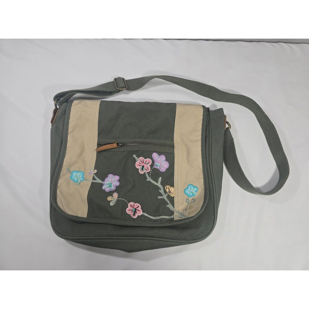 Old Navy Vintage Floral embroidered Messenger Bag Olive Green Crossbody Y2K